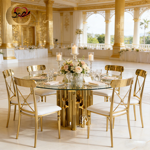 Dubai Luxury Modern Stainless Steel Gold Frame Tempered Glass <b>Top</b> Customizable Dining <b>Table</b> Chair Set Home Furniture Apartment - Product Image 1