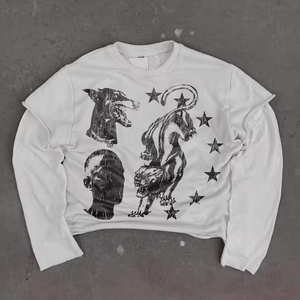 เสื้อยืดแขนยาวทรงโอเวอร์ไซส์สำหรับผู้ชายกราฟิกวาฟเฟิลฮิปฮอป - Product Image 1