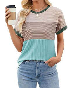 Camiseta básica de manga corta con cuello redondo y bloque de Color para mujer, 100% algodón, antibolitas, ecológica, lisa, teñida, a rayas, transpirable - Product Image 1