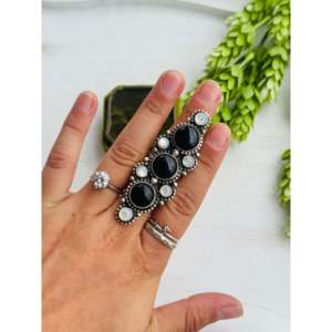 Sheila Becenti <b>Adjustable</b> Statement <b>Ring</b> Multi-Color Onyx and Sterling Silver Cluster Bezel Set Opal for Everyday Wear - Product Image 2