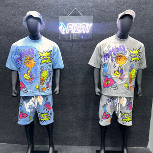 Ensemble de vêtements d'extérieur 100% coton pour hommes du fabricant de vêtements Ensemble de shorts d'été Streetwear imprimé graphique surdimensionné délavés à l'acide - Product Image 1
