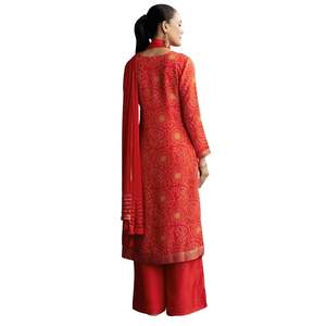 Traje Palazzo Bandhani de seda roja con bordado, venta al por mayor, Ropa Étnica para mujer, fábrica de ropa OEM, proveedor a granel, fabricante - Product Image 5