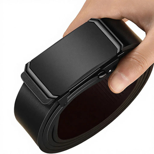 Men's Automatic Buckle <b>Belt</b> Solid Black Cow Hide Leather Formal Style Geometric Design Durable One-Piece Molding - Product Image 2