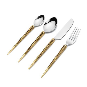 Silver Tableware Cutlery Set Stainless Steel <b>Gold</b> Ribbed Sharp End Handle Design Flatware Silverware Cutlery Set - Product Image 4
