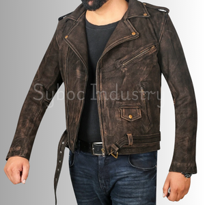 Chaqueta de motorista de cuero de vaca desgastada para hombre, chaqueta de motorista de cuero de motocicleta Vintage, chaqueta de Moto Retro hecha a mano para Casual - Product Image 3