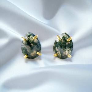 925 Silver Gold Plated <b>Teardrop</b> Faceted Moss Agate Gemstone Prong Set <b>Studs</b> <b>Earrings</b> Jewelry - Product Image 1