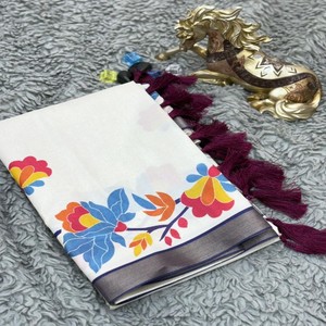 Sari de Seda Manipuram VASTRA COTTAGE con Estampados Florales Multicolores, Borde Tejido con Hilo Dorado, Pallu Floral Digital y Blusa - Product Image 3