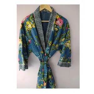 Ihracat kalite mavi el yapımı kantha yorgan Kimono ceket nedime hediye ve düğün hediyesi için hindistan Kimono hırka
