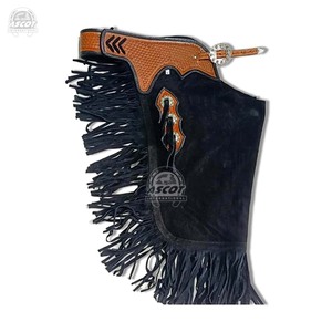 Bermudes Chinks de haute qualité Demi chaps en cuir de vache suédé Style Cowboy avec franges outillage à la main - Product Image 4