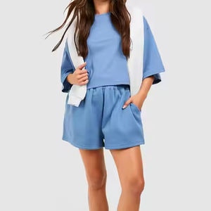 Nouveautés Hiver Femmes 100% Coton Survêtements Solide Sweat Shirt Top Shorts Ensemble Assorti Heavy Jogger Deux Pièces Shorts Ensemble - Product Image 5