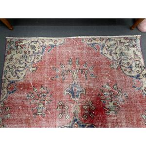 4x7.2 ft Vintage Turkish <b>Wool</b> Rug <b>Red</b> Bordered Patchwork Design with Latex Backing - Product Image 4