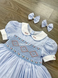 Automne 2024 Offre Spéciale robes de bébé smockées pour filles robe bleue smocks faits à la main en gros en vrac 100% coton vêtements - Product Image 3