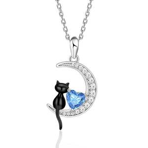 Jeulia Luna Astra Moon <b>Black</b> <b>Cat</b> Necklace with Zircon Birthstone in Claw Setting - Product Image 1