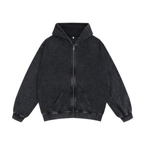 Venta al por mayor Negro Zip up Hoodies Hombres Pullover 100% Algodón Cremallera Oversized Acid Wash High Street Vintage - Product Image 1