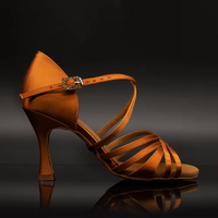Chaussures de danse latine pour femmes, en cuir véritable fait main, avec dessus en satin brillant, 7 lanières, talon de 8,5 cm, pour Tango, Salsa, Bachata, danse de salon