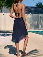 Robe longue asymétrique décontractée pour femme, respirante, col halter en V, dos ouvert, fente haute, bordure pompons, idéale pour la plage - Vente en gros