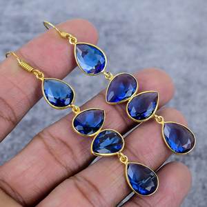 ต่างหูแทนซาไนต์ควอตซ์สี่เม็ด ประดับเงินแท้ 925 ชุบทอง ทำด้วยมือ รูปทรงหยดน้ำ สำหรับผู้หญิง - Product Image 1