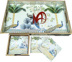 Lot de 6 sous-verres carrés classiques en bois avec plateau de comptage en émail Tapis de table de cuisine à impression numérique pour la décoration de la maison - Product Image 1