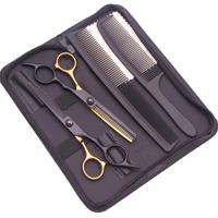 VENTA CALIENTE Kit de tijeras de pelo profesional negro y dorado Juego de peluquero recubierto de titanio de 5 piezas con tijeras de corte de borde de maquinilla de afeitar