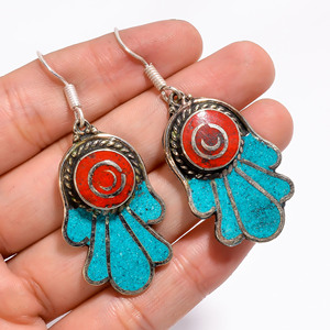 Natural Turquoise Coral Gemstone <b>Earrings</b>, Tibetan Silver Nepali <b>Handmade</b> <b>Earrings</b>, French Jewelry - Product Image 2