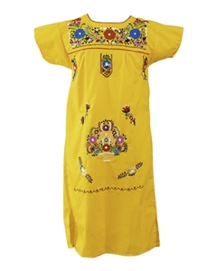 Vestido Mexicano Bordado para Mujer, Diseño de Diseñador, Amarillo, Largo a Media Pantorrilla, Mangas Cortas - Product Image 3