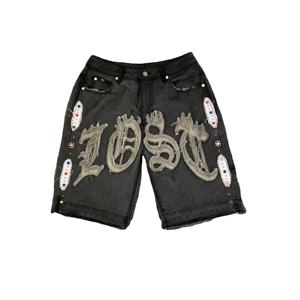 DENIMGUYS, pantalones cortos de mezclilla holgados de verano personalizados para hombre, lavado ácido de algodón informal con apliques bordados, estilo de calle con diamantes de imitación - Product Image 1