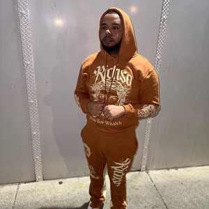 Sudadera con capucha bordada con apliques personalizados, pantalones de chándal con lavado ácido, chándal acampanado con sol desteñido, conjunto de chándales para hombres - Product Image 2