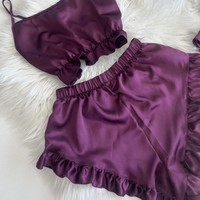 Ensemble de lingerie en satin de soie tissé violet pour femme avec volants, demi-chemises, body deux pièces et culotte