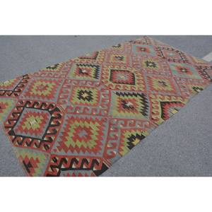 Vintage Turkish Kilim Area <b>Rug</b> 5.5 X 10ft Red Green Wool <b>Flat</b> Weave Elegantly Rustic Rectangle Patchwork Design Hallway Latex - Product Image 2