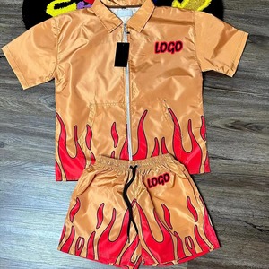 Wholesale Men's Summer Streetwear Two-Piece <b>Set</b> Nylon Windbreaker Jacket Shorts Flame Embroidery Logo Embroidered Tracksuit - Product Image 6