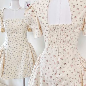Robe courte à col carré en coton à fleurs mignonne pour femmes - Product Image 2