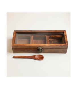 Caja de Especias Pequeña de Madera con Cuchara India Masala Dabba con 3 Compartimentos Namak Daani con Cuchara y Tapa Especias de Madera Sheesham - Product Image 1