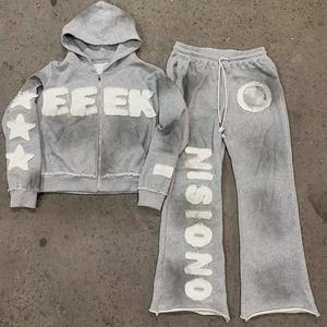 Chándal Vintage Personalizado con Cierre de Cordón para Hombre y Mujer, Ropa Urbana con Bordes Enrollados, Bordado de Patchwork, Ropa Sólida para Hombre - Product Image 1