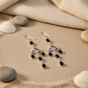 Boucles d'oreilles pendantes en argent 925 avec améthyste et onyx noir pour femmes, accessoire de mode - Product Image 2