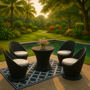 Juego de Muebles de Jardín Modernos con Sillas de Mimbre Negro y Mesa Redonda de Vidrio para Patio, Hotel, Piscina y Terraza - Product Image 5