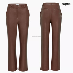 Pantalones vaqueros de cuero PU de imitación para mujer, pantalones de pierna recta de cintura alta, pantalones de cuero informales Vintage marrones para mujer 2024 - Product Image 2