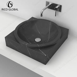Premium <b>Black</b> Marble Wash Basin with Sleek Integrated Square Base & Circular Bowl for High-End <b>Bathroom</b> <b>Decor</b> - Product Image 1