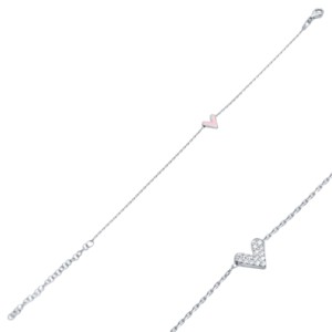 Pink Enamel Zircon Double Sided Heart Shape <b>Charm</b> Bracelet Turkish Handmade Rhodium Plated 925 Sterling Silver Women's Jewelry - Product Image 4