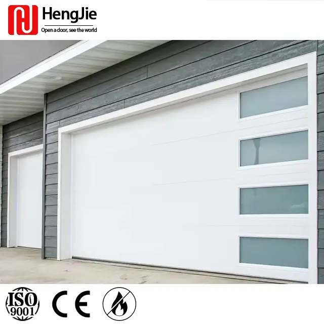 Porte de garage moderne contemporaine en acier au grain de bois personnalisée avec fenêtre Porte sectionnelle automatique commerciale étanche