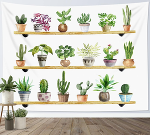 Tapiz de Cactus y Suculentas en Maceta sobre Estante de Madera, Tapices Botánicos en Acuarela Verde, Plantas Frescas para Colgar en la Pared del Dormitorio - Product Image 2