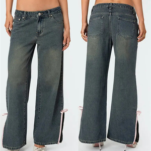 Pantalones vaqueros cómodos de pierna ancha de cintura alta con cordones, ropa de calle de Color sólido, pantalones vaqueros tejidos de algodón 100% para mujer - Product Image 1