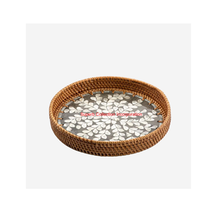 Elegante bandeja redonda de ratán para servir con elegante bandeja de mesa de centro decorativa con incrustaciones de concha de nácar para suministro de Hotel - Product Image 1