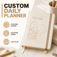 Agenda quotidien personnalisé LABON A5, couverture en PU crème, logo doré, reliure à anneaux rechargeable, bande élastique, carnet à ouverture à plat pour marque privée