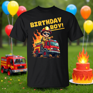 Maglietta promozionale divertente per la festa di compleanno dei bambini, con camion dei pompieri e vigili del fuoco - Product Image 3