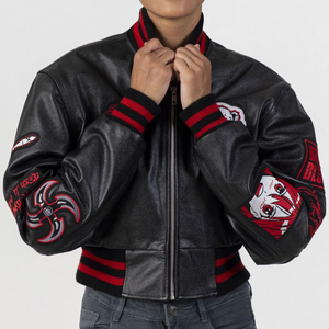 Veste universitaire en cuir véritable sur mesure de haute qualité pour femmes, streetwear, coupe courte, patchs en chenille, broderie de lettres pour - Product Image 2