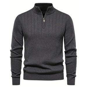Pull en tricot pour homme à col montant et fermeture éclair, couleur unie, pour l'automne - Product Image 1
