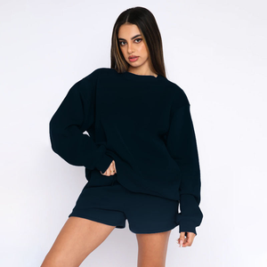 Womens Brown Solid Crew Neck Oversized <b>Sweatshirt</b> and Shorts Set <b>Long</b> Sleeve Casual Streetwear Activewear OEM ODM Wholesale - Product Image 3