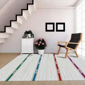 Tapis turc blanc imprimé à rayures colorées, tapis doux, tapis à poils longs - Product Image 1