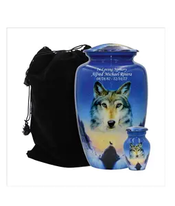 Wolves Howling at The Moon, Blue Wolf Personalized Funeral Urn, Cremation Urn with Velvet Bag (Large)