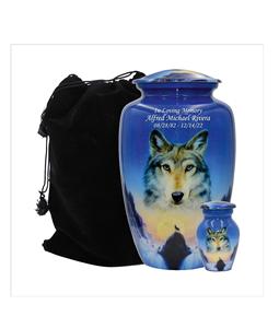 Loups hurlant à la lune, Urne funéraire personnalisée Loup bleu, Urne funéraire avec sac en velours (grand) - Product Image 1